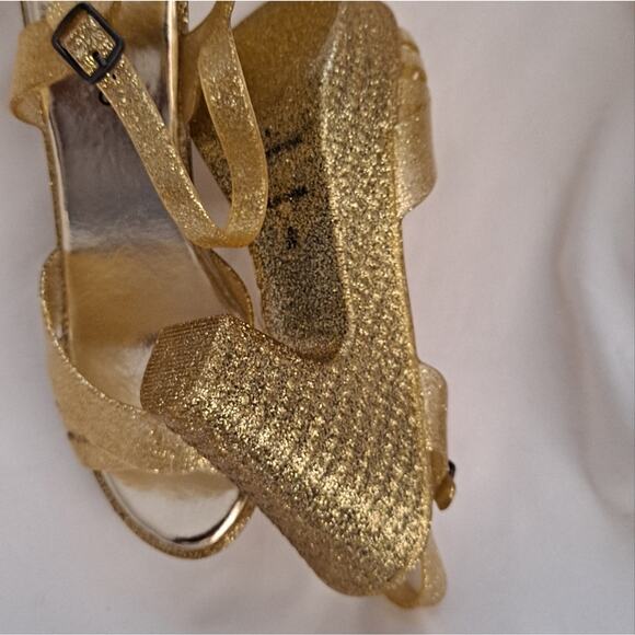 Sz 8 Gold Glitter Jelly Block High Heel Sandals Shoes NEW Platform Meta… - Picture 3 of 8